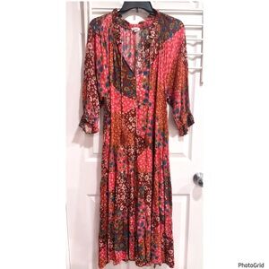 Easel Multicolor Patchwork Floral Midi Dress Small Boho